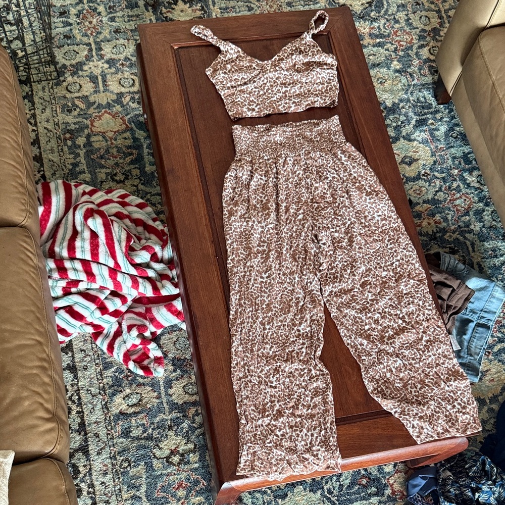 Women's Brown Leopard Print Pants & Top Set